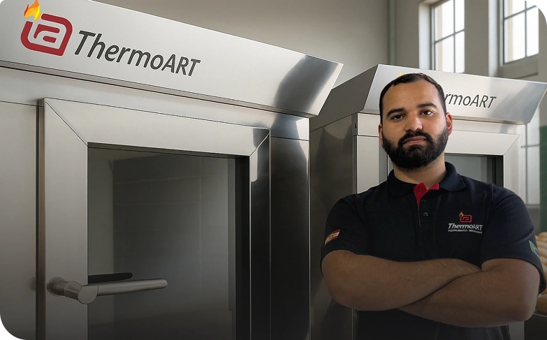 Técnico especializado ao lado de um forno produzido pela ThermoART.